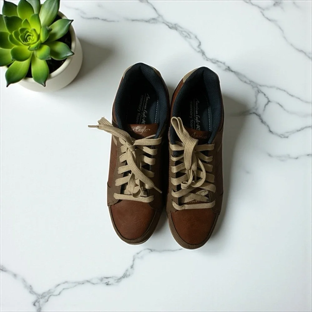 American Eagle AE Men's Faux‎ Leather Sneakers Memory Foam Brown Size 10